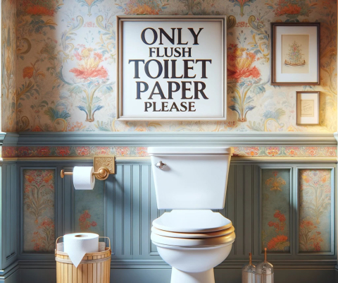 A realistic image of a clean, modern toilet in a traditionally styled but colorful bathroom. The bathroom has a subtle yet colorful wallpaper or paint, with classic bathroom decor that is tasteful and elegant. Attached to the toilet tank or on the wall above the toilet, there is a clear and polite sign that reads 'Only Flush Toilet Paper Please.' The sign is in the same position as before, easy to read and visually appealing, ensuring that it gently reminds users of the proper usage of the toilet.