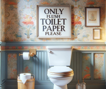 A realistic image of a clean, modern toilet in a traditionally styled but colorful bathroom. The bathroom has a subtle yet colorful wallpaper or paint, with classic bathroom decor that is tasteful and elegant. Attached to the toilet tank or on the wall above the toilet, there is a clear and polite sign that reads 'Only Flush Toilet Paper Please.' The sign is in the same position as before, easy to read and visually appealing, ensuring that it gently reminds users of the proper usage of the toilet.