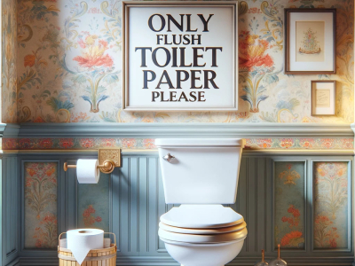 A realistic image of a clean, modern toilet in a traditionally styled but colorful bathroom. The bathroom has a subtle yet colorful wallpaper or paint, with classic bathroom decor that is tasteful and elegant. Attached to the toilet tank or on the wall above the toilet, there is a clear and polite sign that reads 'Only Flush Toilet Paper Please.' The sign is in the same position as before, easy to read and visually appealing, ensuring that it gently reminds users of the proper usage of the toilet.